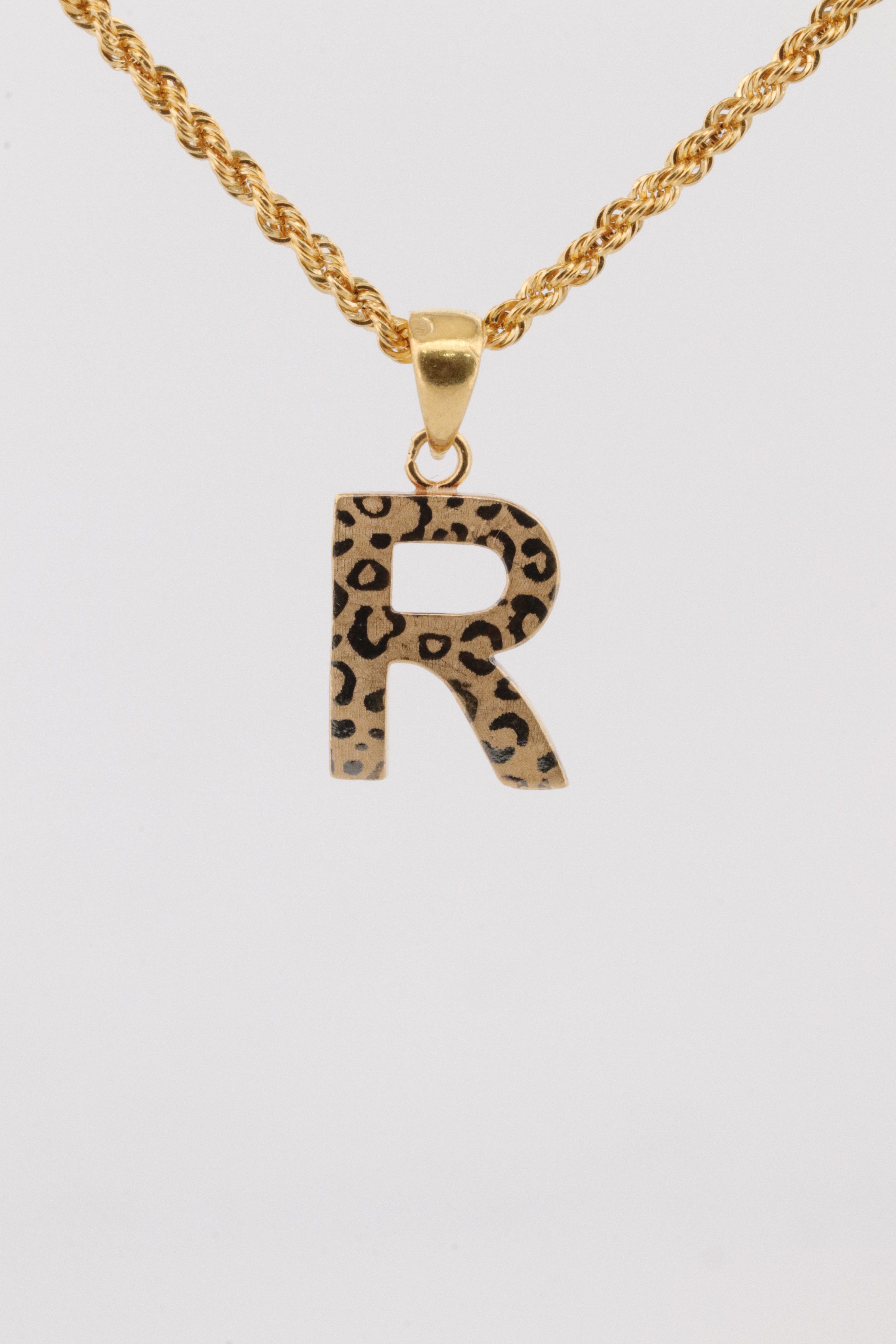 Gold Letter R Pendant Necklace with Leopard Print – 1.25g | Bigeasy Jewellers