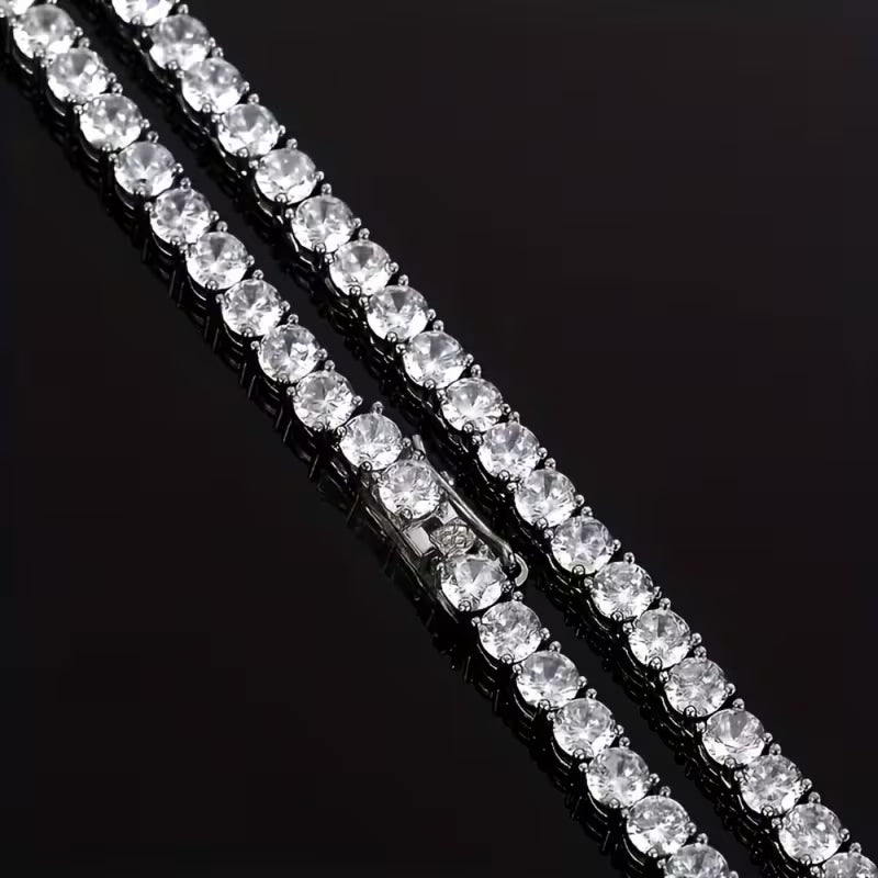 Close-up of a moissanite tennis bracelet on a black background