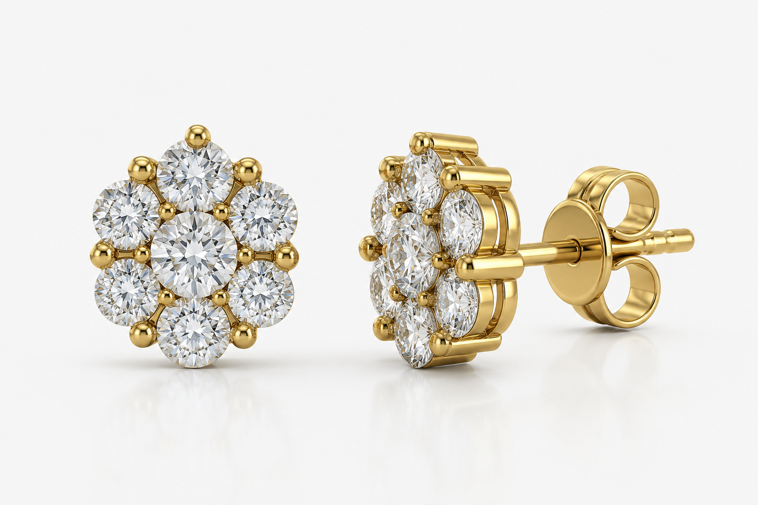 A pair of yellow gold cluster stud earrings with round-cut clear gemstones, shown from the front and side angles on a light gray reflective surface.