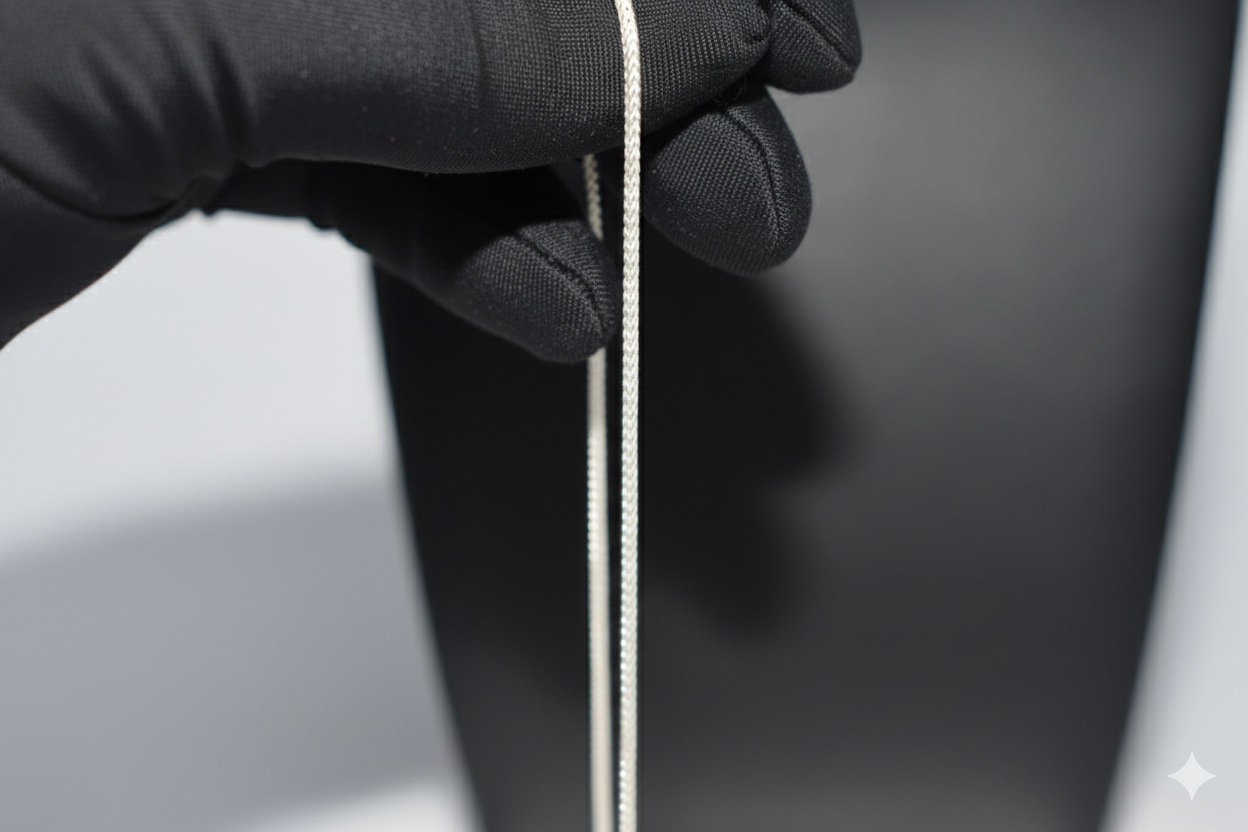 Hand wearing a black glove holding a thin white string against a neutral background
