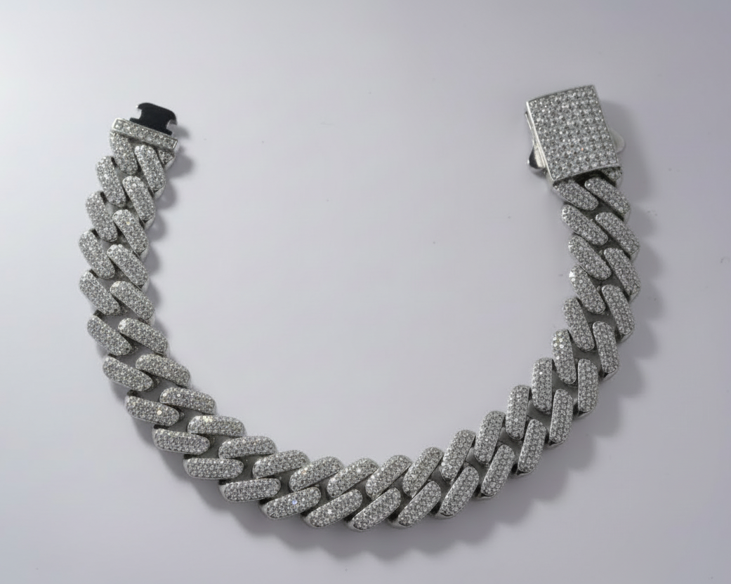 Iced Cuban Link Bracelet in Sterling Silver with VVS Moissanite – 39.83 Gram | 18K White Gold Coated