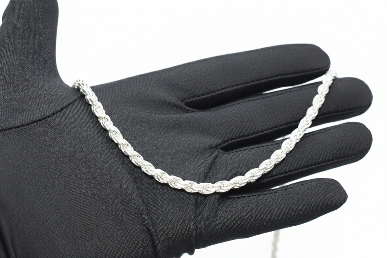 Silver chain necklace held by a gloved hand on a white background