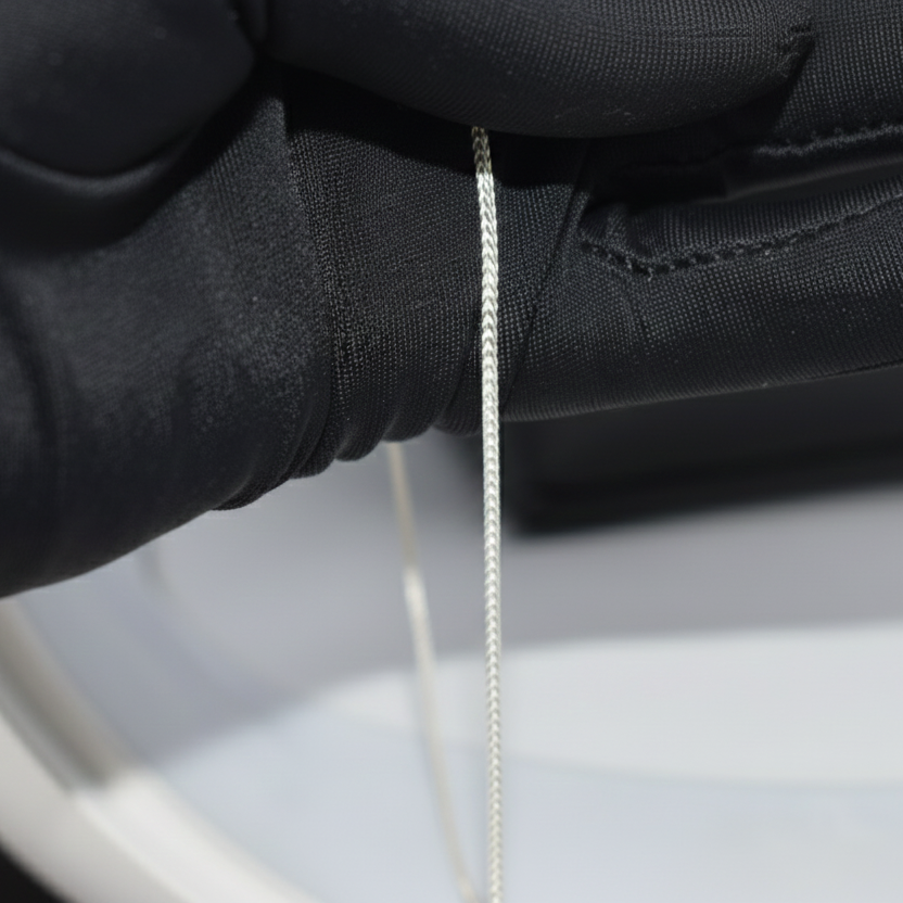 Close-up of a gloved hand holding a thin silver chain on a light background