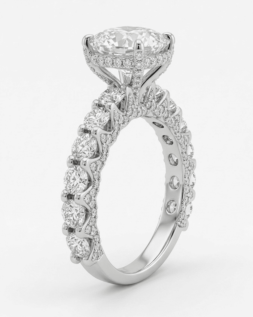 Diamond ring with intricate design on a white background