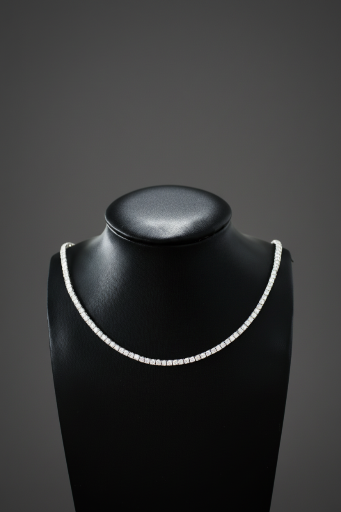 VVS Moissanite Tennis Chain Necklace – 925 Silver - 19.08 Gram | 18K White Gold Coated