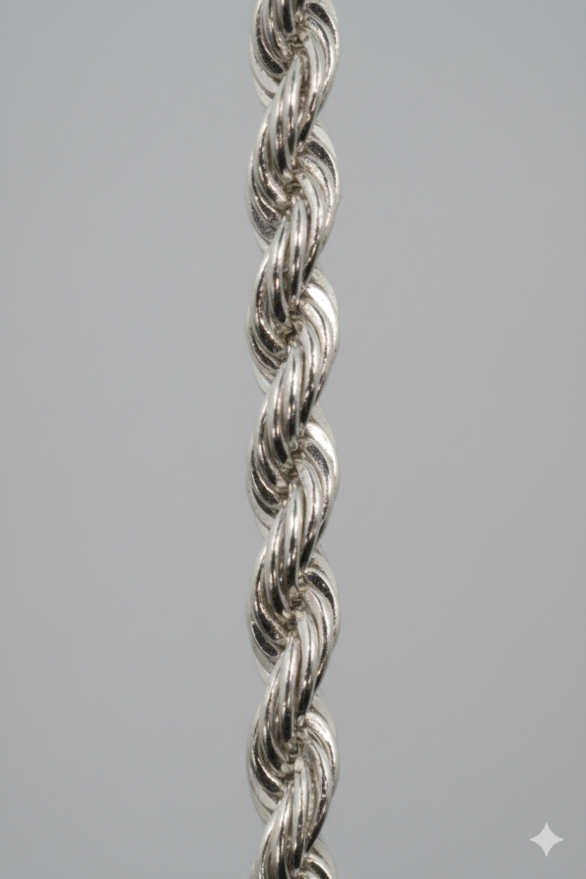 Close-up of a silver rope chain on a gray background