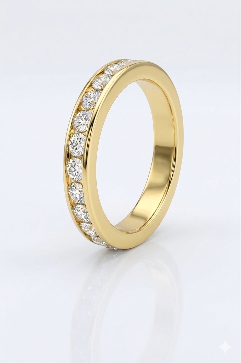 Gold ring with diamond accents on a white background