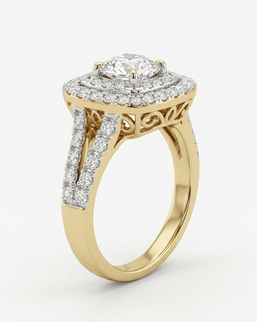 Gold ring with diamond accents on a white background