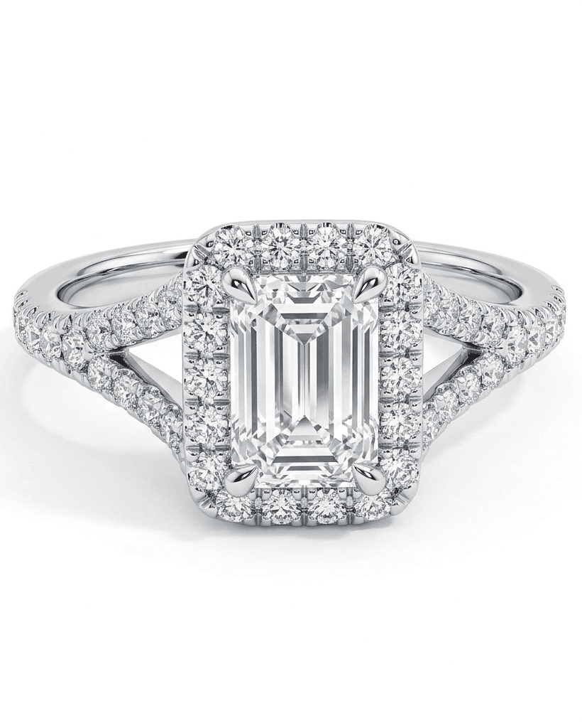 Diamond ring with emerald-cut center stone on a white background