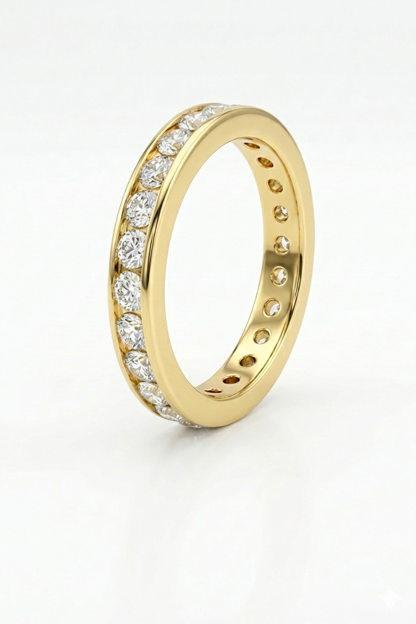 Gold ring with diamond accents on a white background