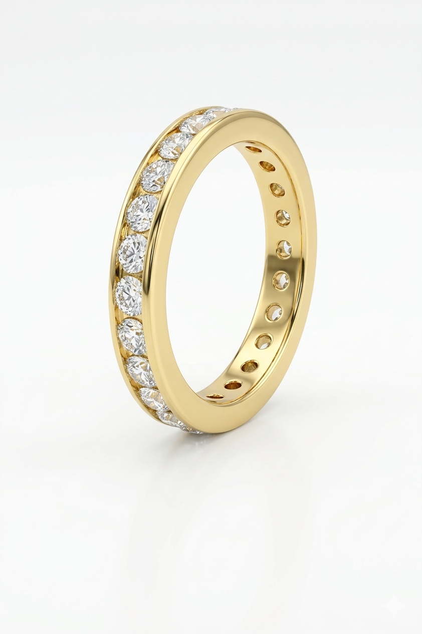 Gold ring with diamond accents on a white background