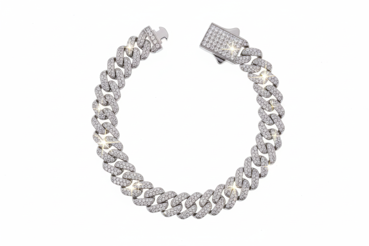 Silver bracelet with clear moissanite on a white background