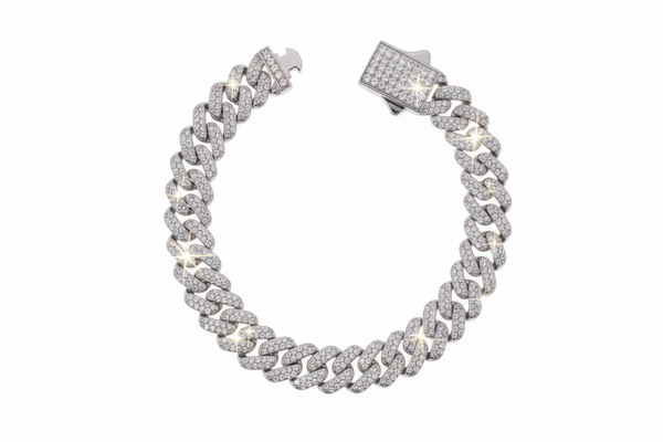 Silver bracelet with clear moissanite on a white background