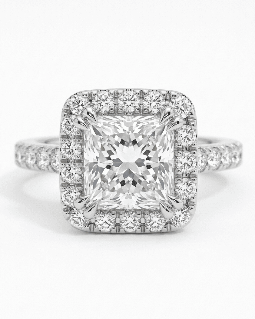 Diamond ring with a central gemstone and smaller diamonds on a white background