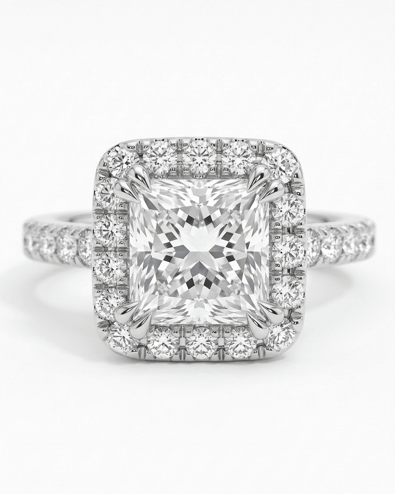 Diamond ring with a central gemstone and smaller diamonds on a white background
