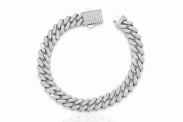 Silver moissanite cuban bracelet stones on a white background
