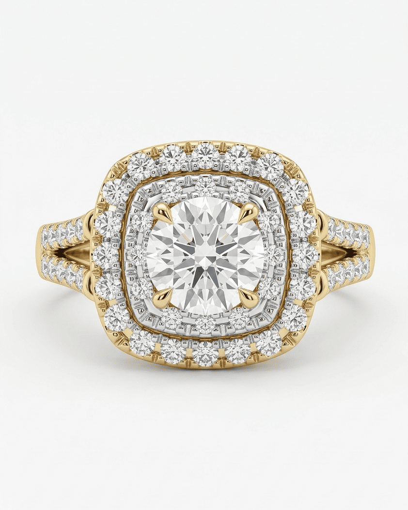 Gold ring with a large diamond and smaller diamonds around on a white background