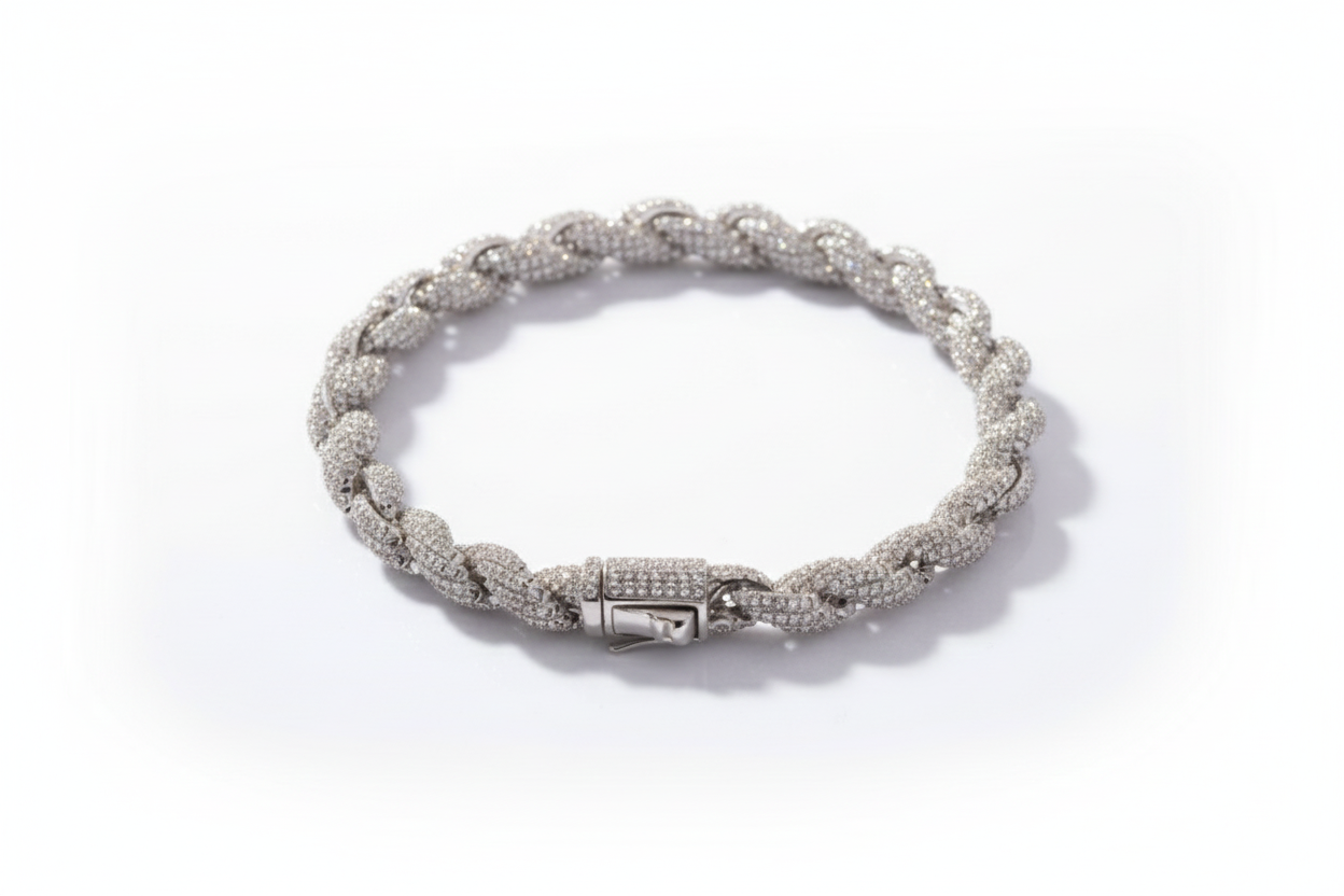VVS Moissanite Rope Bracelet in 925 Sterling Silver – 19.05 Gram | 18K White Gold Coated Fine Jewelry