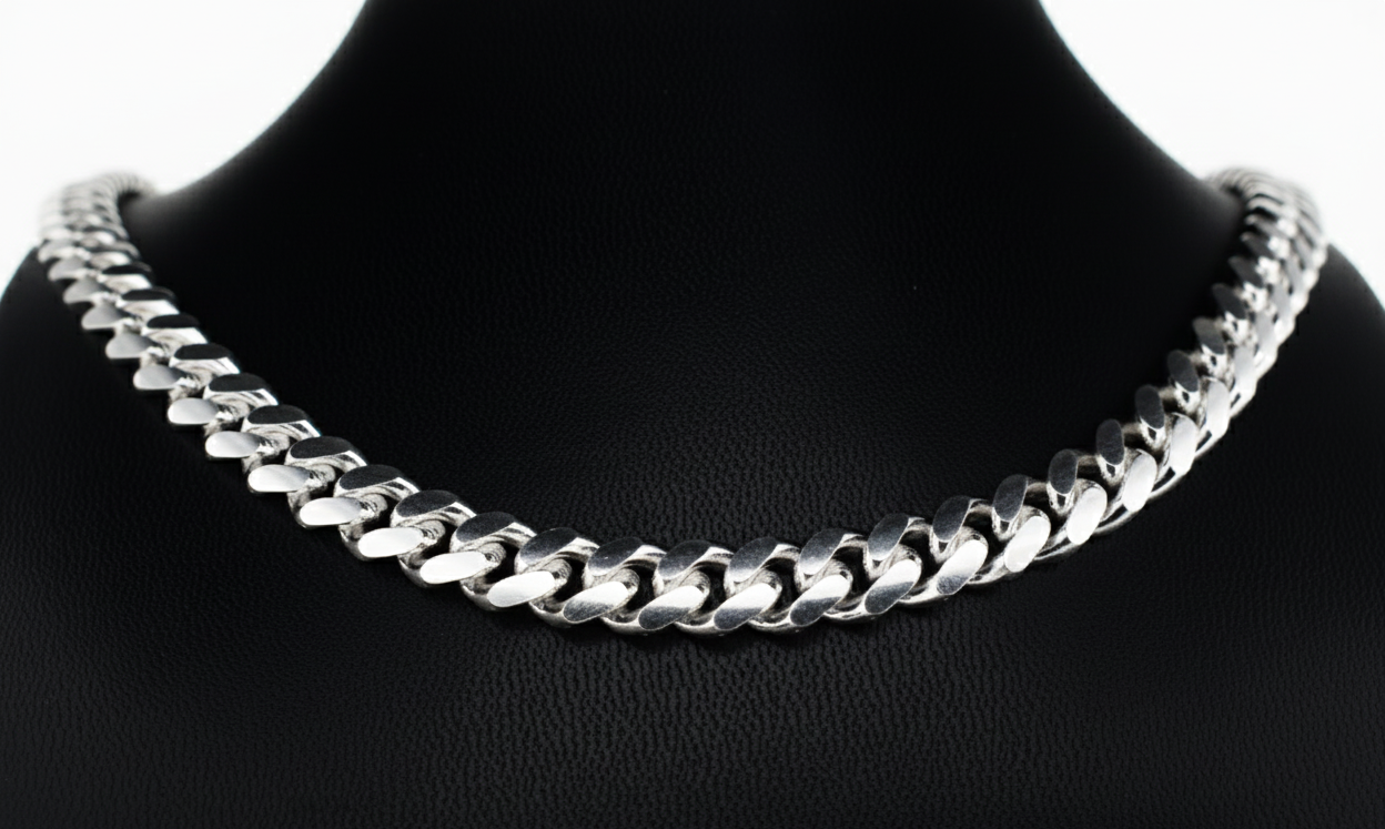 925 Sterling Silver Cuban Chain Necklace – 93.28 Gram- Premium Italian Silver on display against a black background.