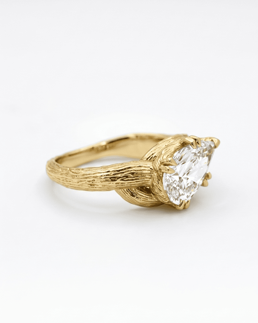 Gold ring with a diamond on a white background