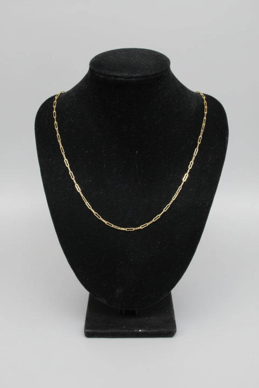 Gold chain necklace on a black velvet stand against a white wall.