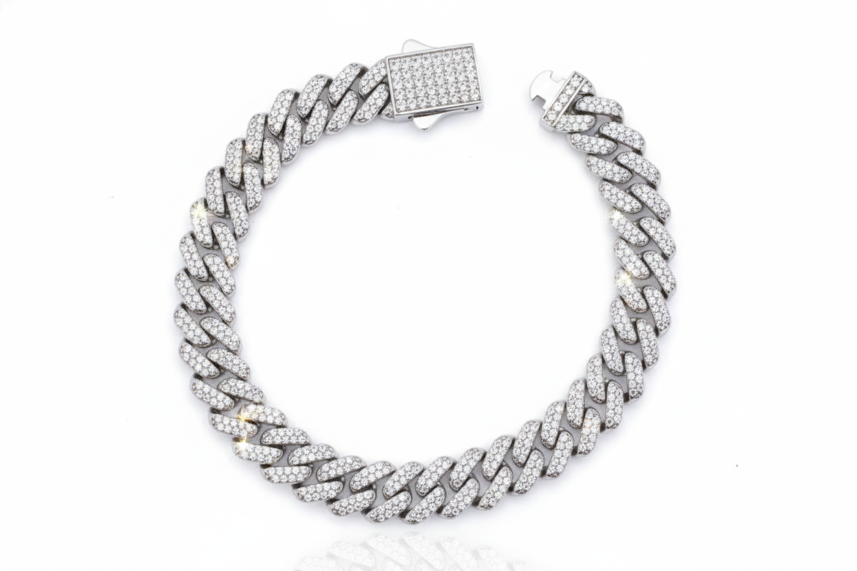 Silver moissanite cuban bracelet stones on a white background box lock